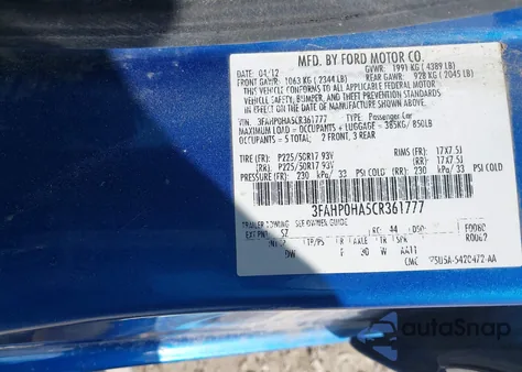 2012 Ford Fusion Se from USA, damaged, VIN 3FAHP0HA5CR361777